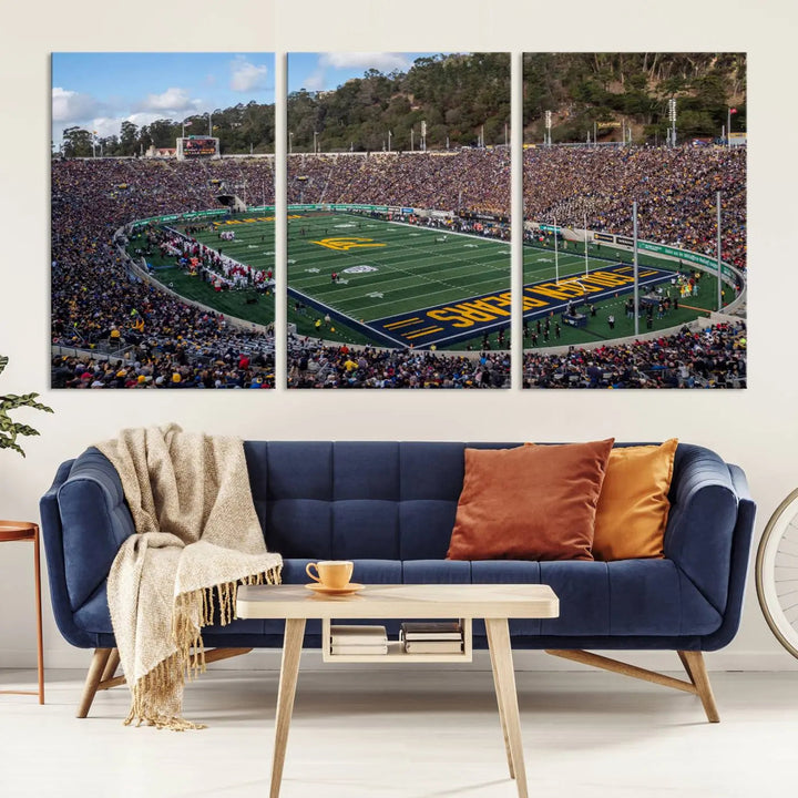 A large depiction of the University of California Golden Bears Football Team is captured in a stunning canvas print of Berkeley California Memorial Stadium. This artwork is split into three canvases with a gallery-quality finish, transforming the room into a contemporary display of wall art.