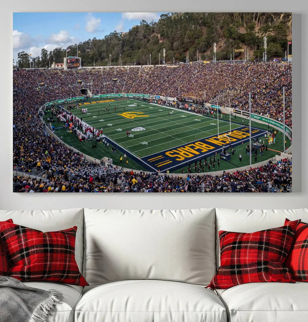 A large depiction of the University of California Golden Bears Football Team is captured in a stunning canvas print of Berkeley California Memorial Stadium. This artwork is split into three canvases with a gallery-quality finish, transforming the room into a contemporary display of wall art.