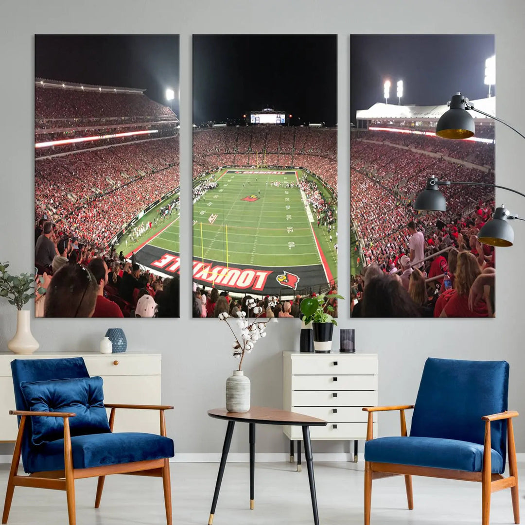 A University of Louisville Cardinals football team triptych, displayed on premium canvas, adorns a white wall.