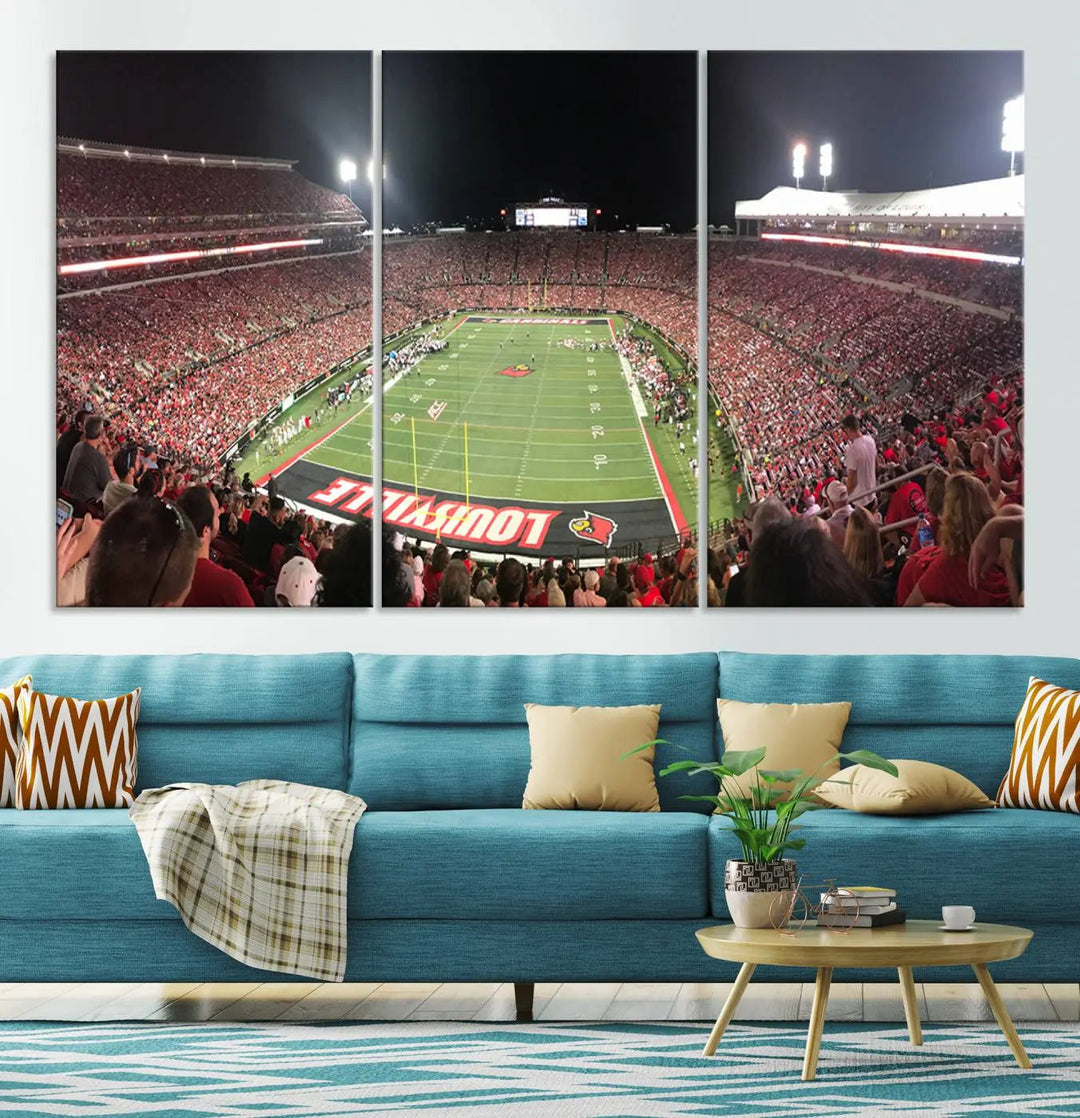 A University of Louisville Cardinals football team triptych, displayed on premium canvas, adorns a white wall.