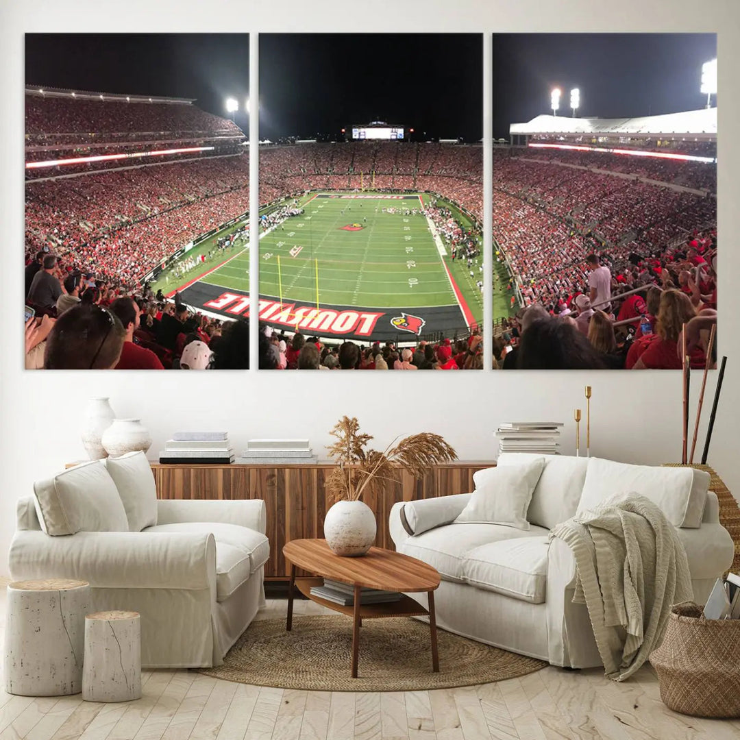 A University of Louisville Cardinals football team triptych, displayed on premium canvas, adorns a white wall.