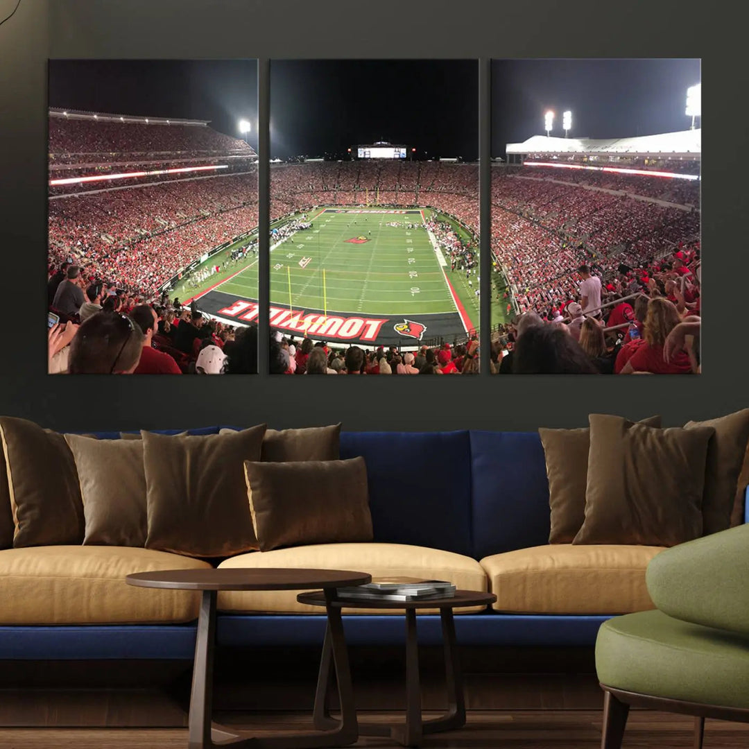 A University of Louisville Cardinals football team triptych, displayed on premium canvas, adorns a white wall.