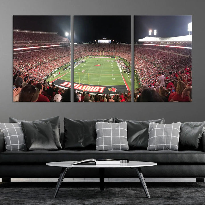 A University of Louisville Cardinals football team triptych, displayed on premium canvas, adorns a white wall.