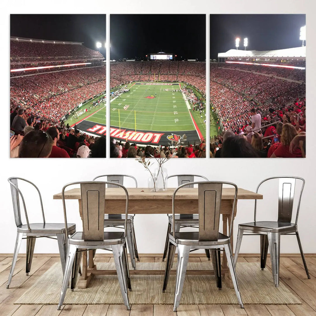 A University of Louisville Cardinals football team triptych, displayed on premium canvas, adorns a white wall.