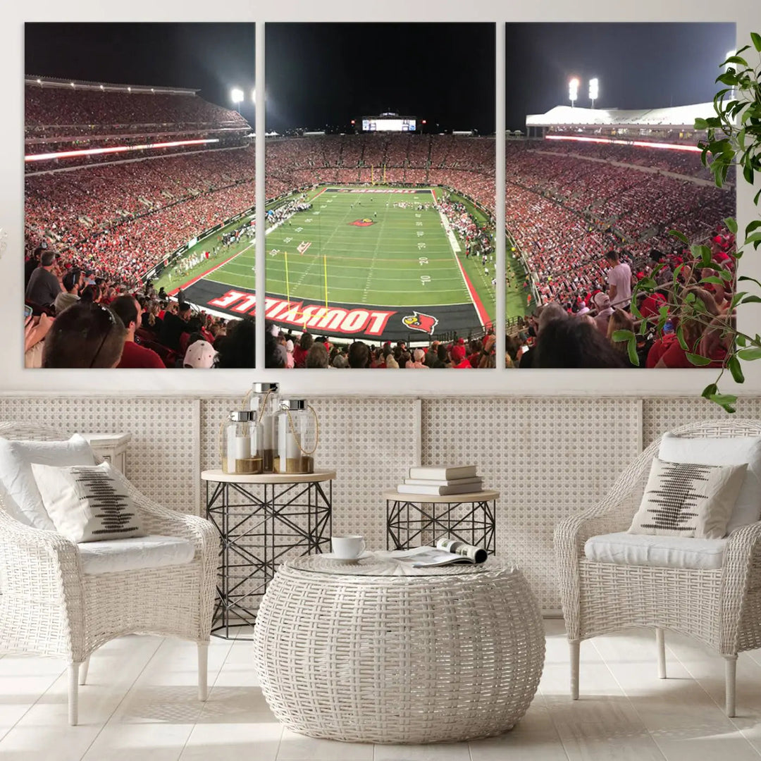 A University of Louisville Cardinals football team triptych, displayed on premium canvas, adorns a white wall.