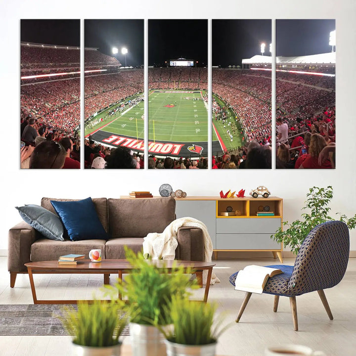 A University of Louisville Cardinals football team triptych, displayed on premium canvas, adorns a white wall.