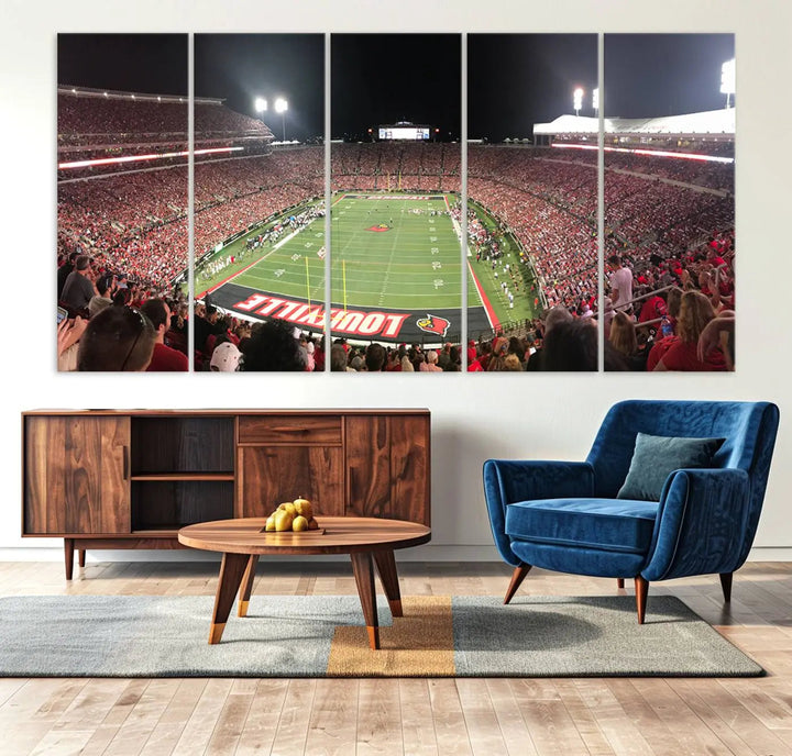 A University of Louisville Cardinals football team triptych, displayed on premium canvas, adorns a white wall.