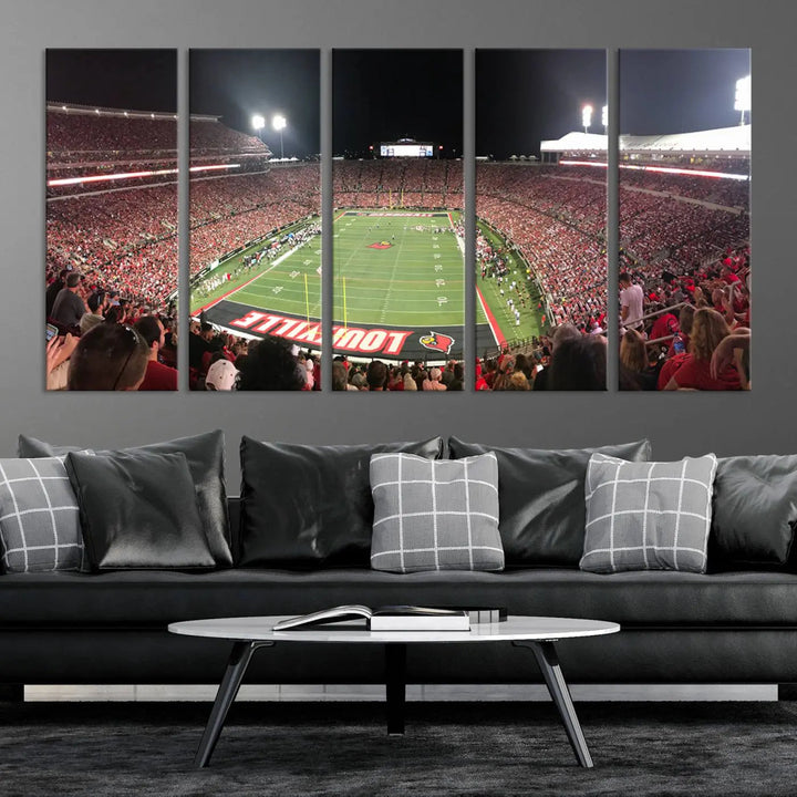 A University of Louisville Cardinals football team triptych, displayed on premium canvas, adorns a white wall.