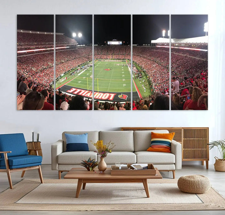 A University of Louisville Cardinals football team triptych, displayed on premium canvas, adorns a white wall.