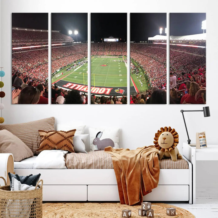 A University of Louisville Cardinals football team triptych, displayed on premium canvas, adorns a white wall.