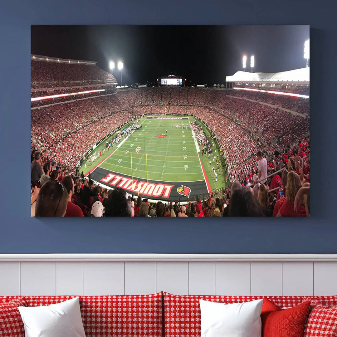 A University of Louisville Cardinals football team triptych, displayed on premium canvas, adorns a white wall.