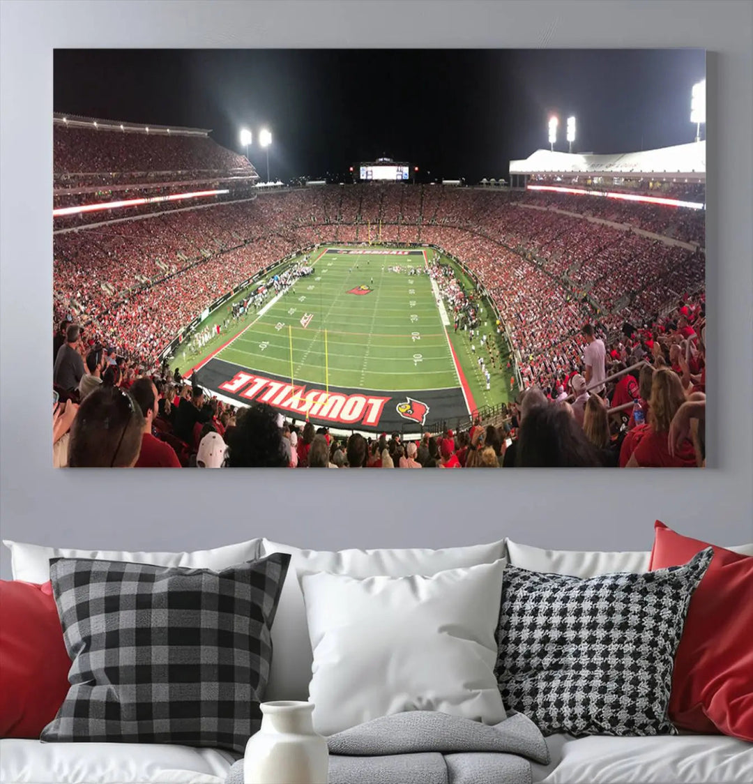 A University of Louisville Cardinals football team triptych, displayed on premium canvas, adorns a white wall.