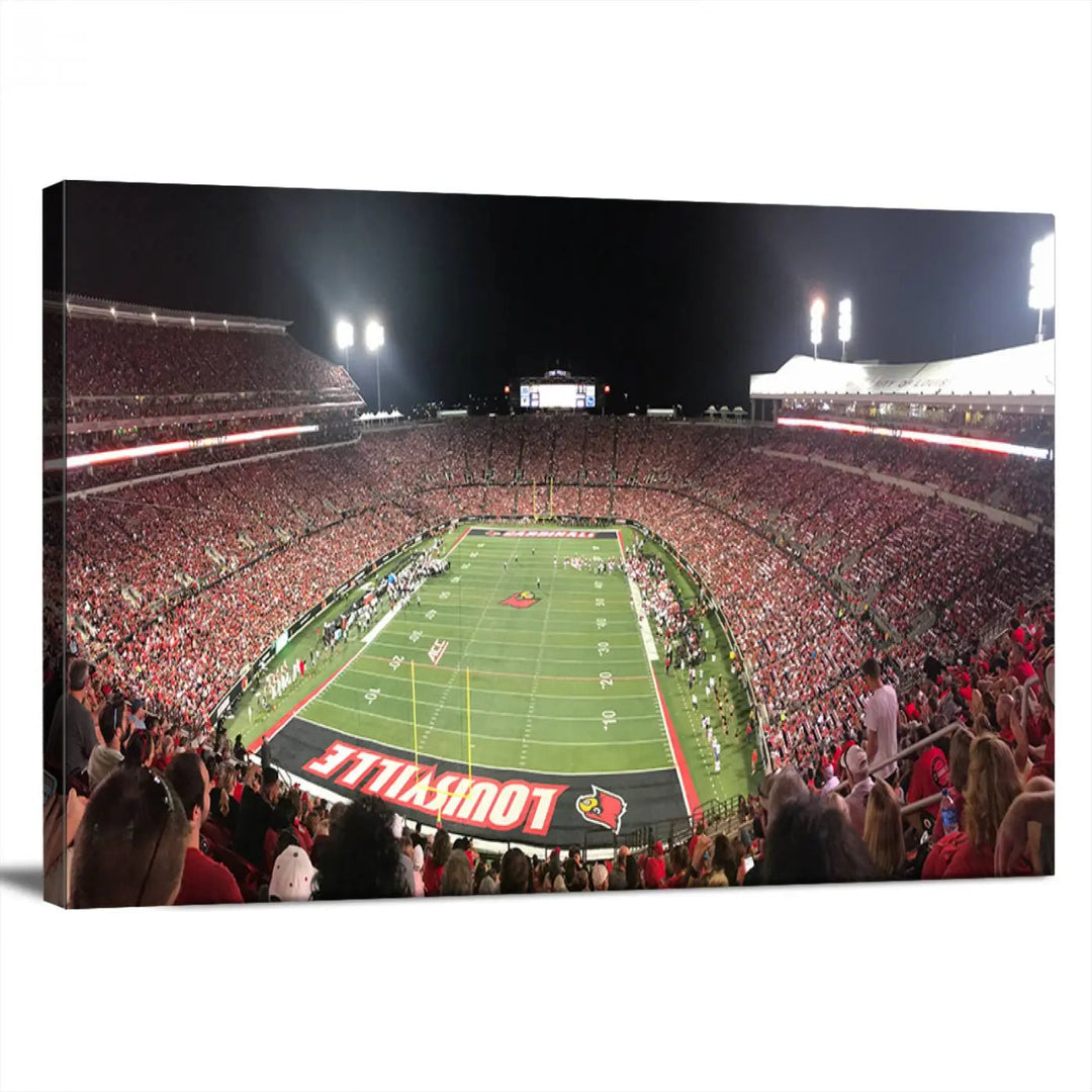 A University of Louisville Cardinals football team triptych, displayed on premium canvas, adorns a white wall.