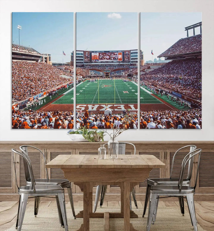 A University of Texas Longhorns Football Team Print, depicting the bustling Darrell K Royal-Texas Memorial Stadium at Campbell-Williams Field, is mounted in a modern living room.