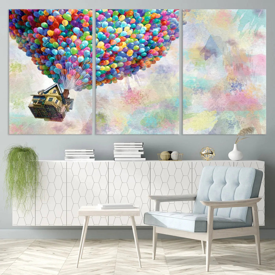 The wall art is an Up Pixar Poster featuring a house with balloons.