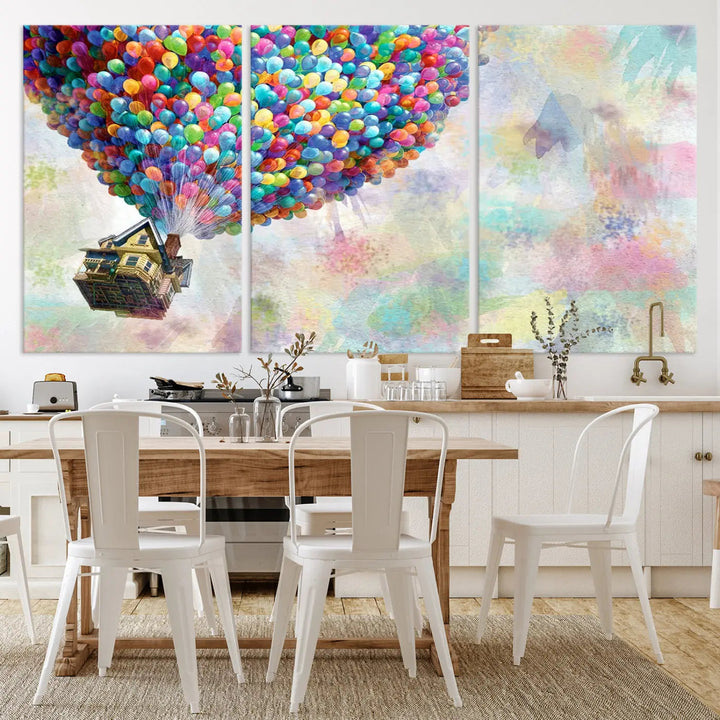 The wall art is an Up Pixar Poster featuring a house with balloons.