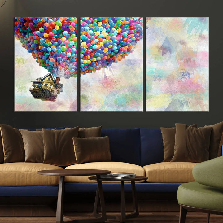 The wall art is an Up Pixar Poster featuring a house with balloons.