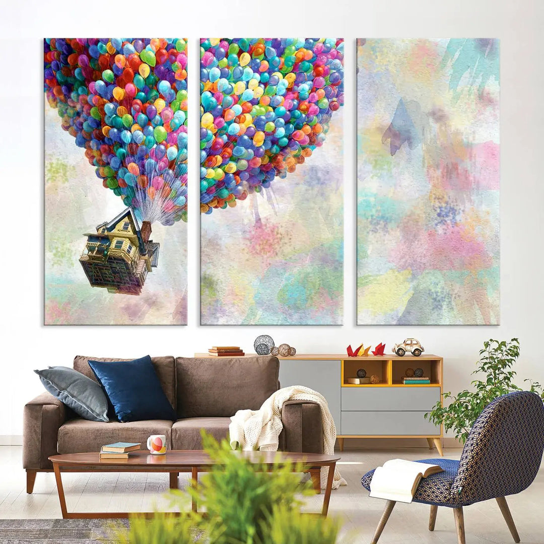 The wall art is an Up Pixar Poster featuring a house with balloons.