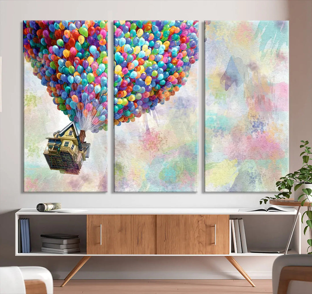 The wall art is an Up Pixar Poster featuring a house with balloons.