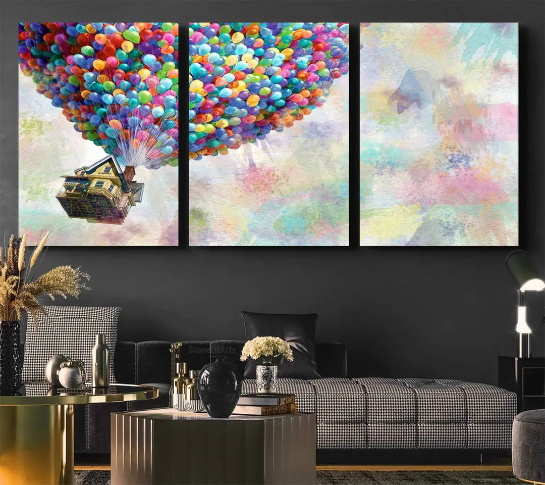 The wall art is an Up Pixar Poster featuring a house with balloons.