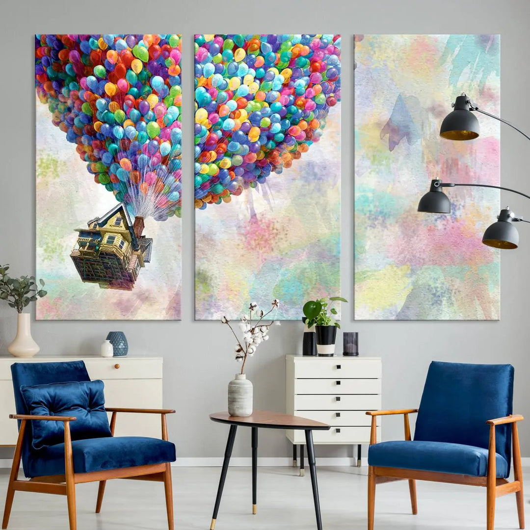 The wall art is an Up Pixar Poster featuring a house with balloons.