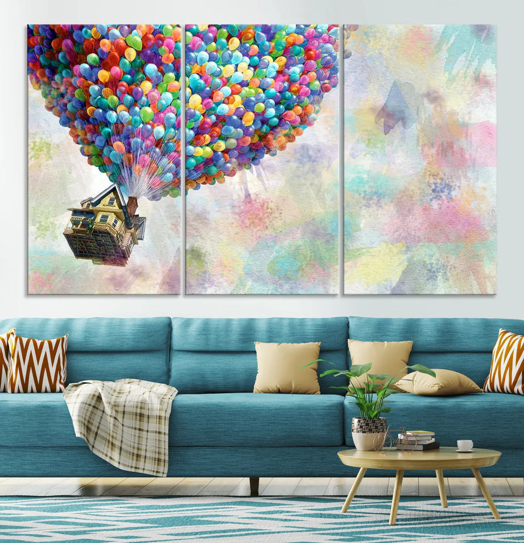 The wall art is an Up Pixar Poster featuring a house with balloons.