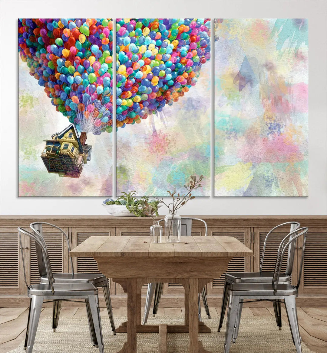 The wall art is an Up Pixar Poster featuring a house with balloons.