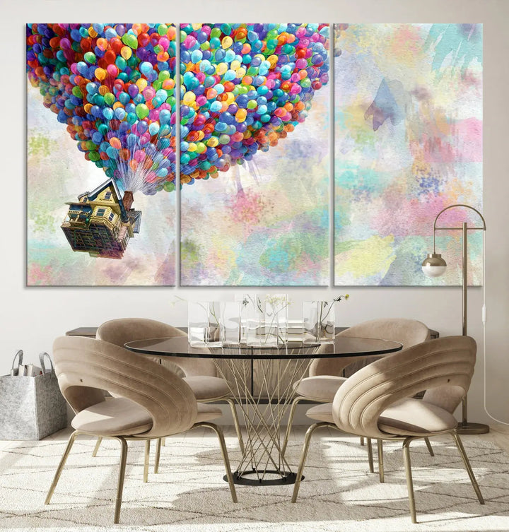 The wall art is an Up Pixar Poster featuring a house with balloons.