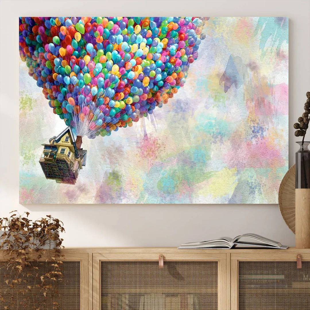 The wall art is an Up Pixar Poster featuring a house with balloons.