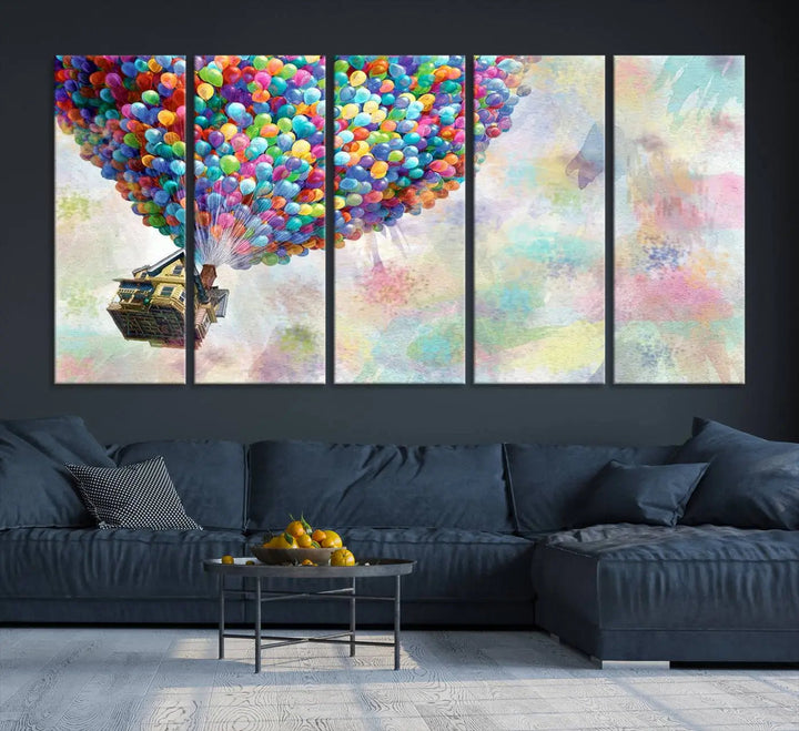 The wall art is an Up Pixar Poster featuring a house with balloons.