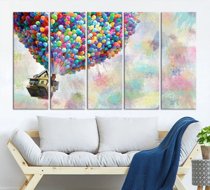 The wall art is an Up Pixar Poster featuring a house with balloons.