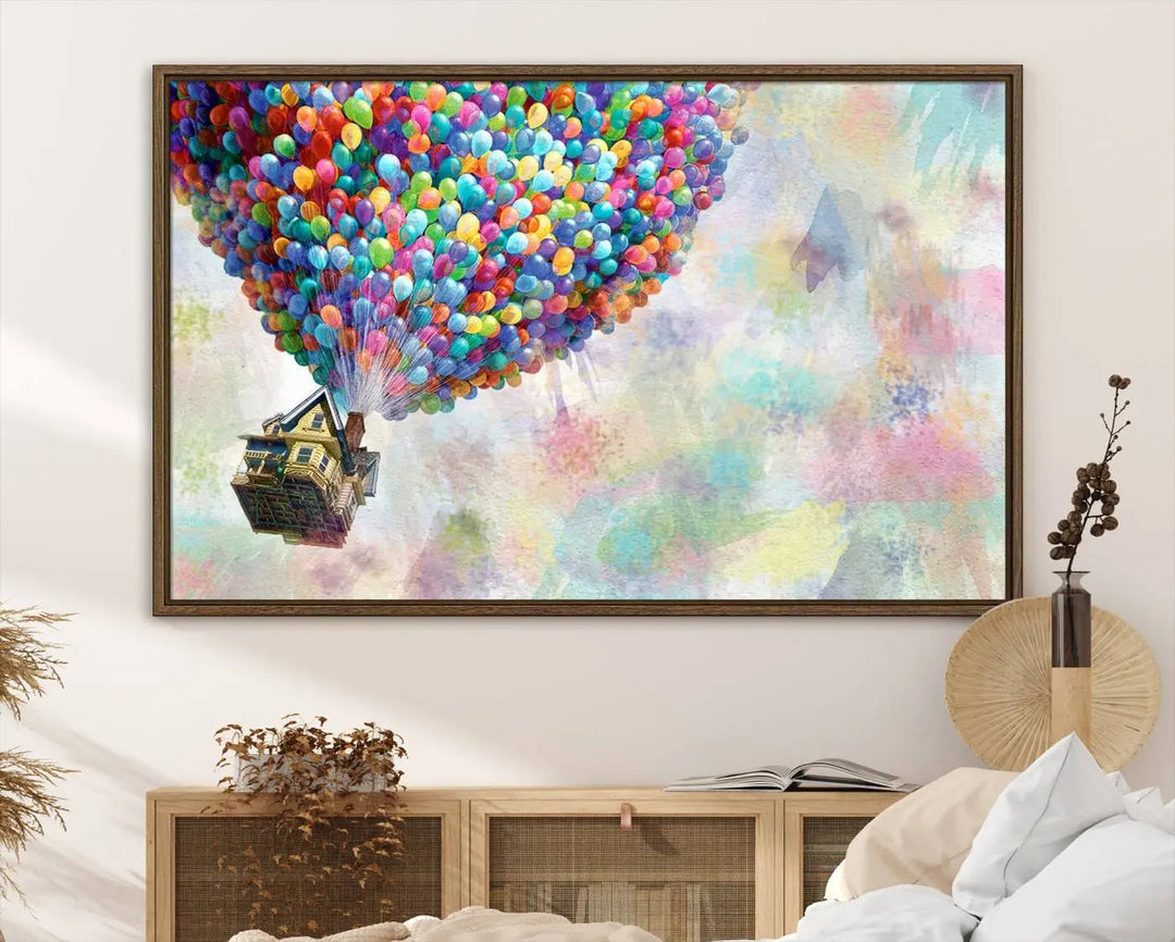 The wall art is an Up Pixar Poster featuring a house with balloons.