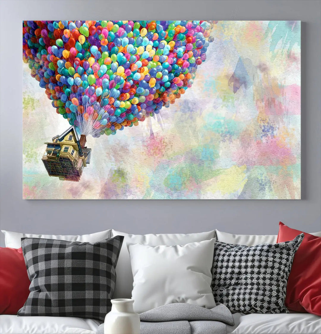 The wall art is an Up Pixar Poster featuring a house with balloons.