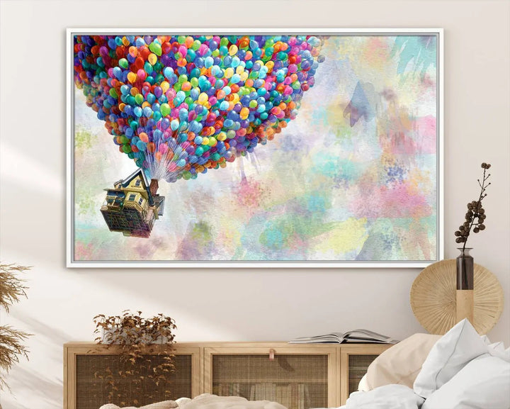 The wall art is an Up Pixar Poster featuring a house with balloons.