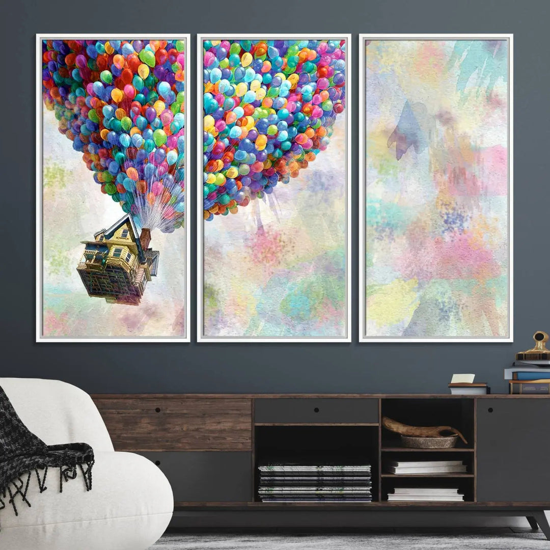 The wall art is an Up Pixar Poster featuring a house with balloons.