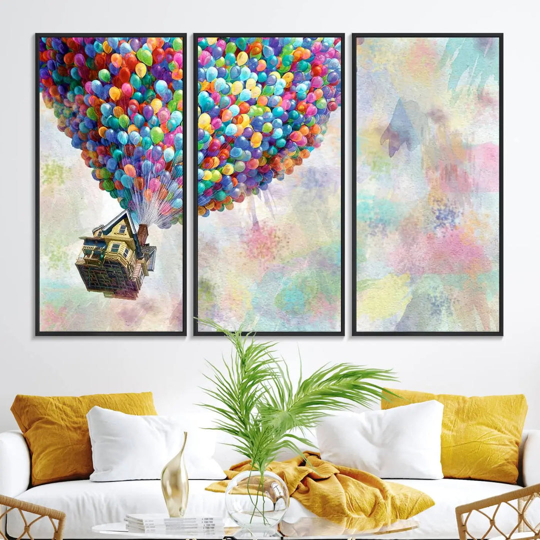 The wall art is an Up Pixar Poster featuring a house with balloons.