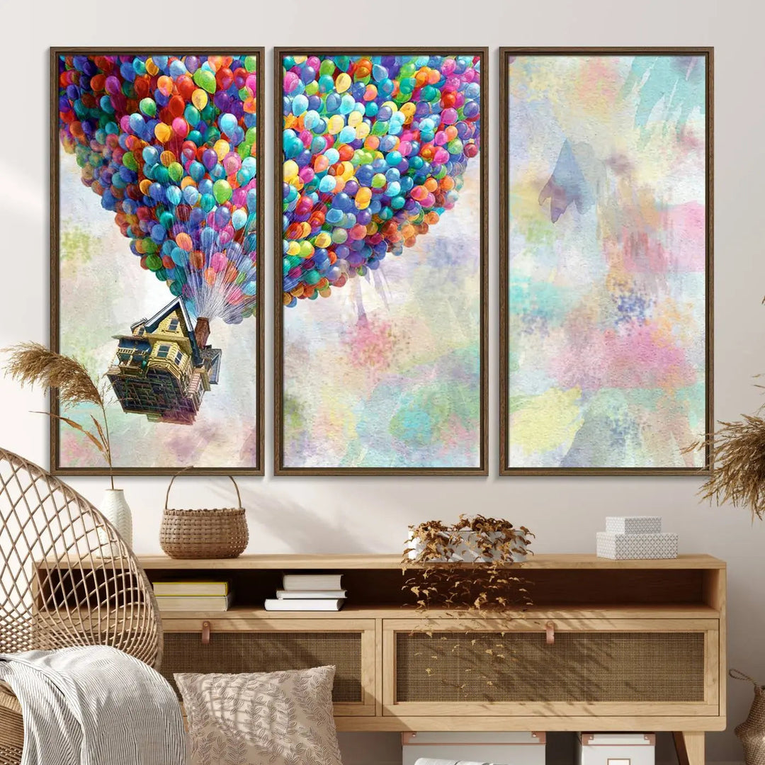 The wall art is an Up Pixar Poster featuring a house with balloons.