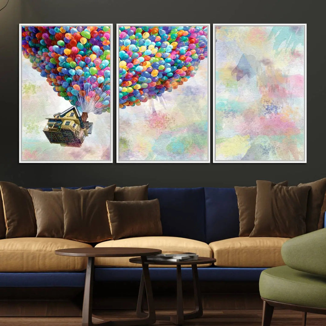 The wall art is an Up Pixar Poster featuring a house with balloons.