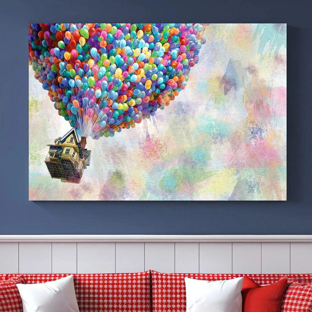 The wall art is an Up Pixar Poster featuring a house with balloons.