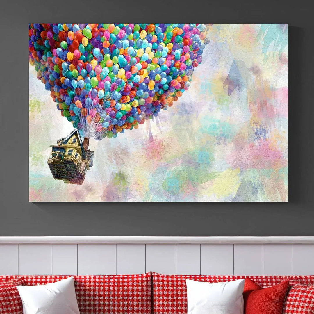 The wall art is an Up Pixar Poster featuring a house with balloons.