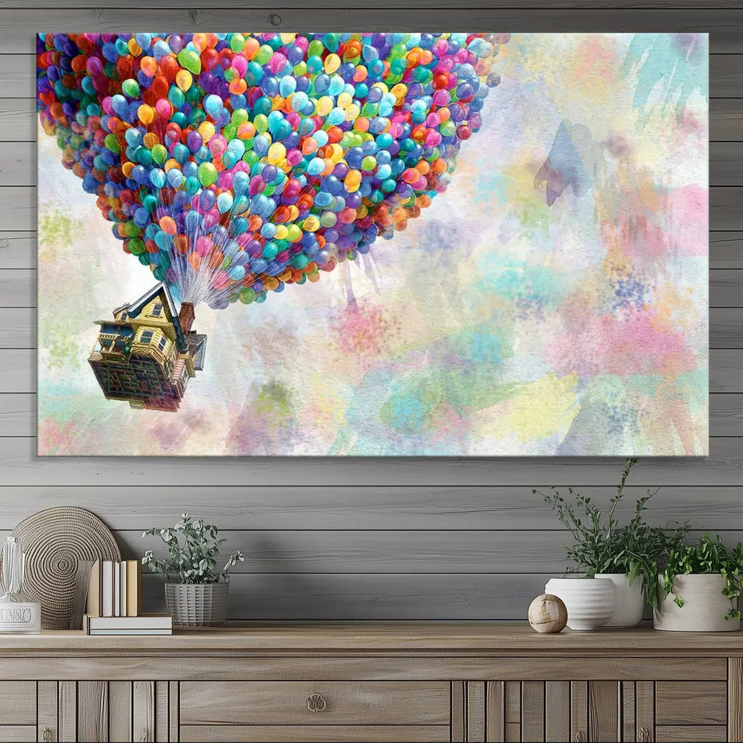 The wall art is an Up Pixar Poster featuring a house with balloons.