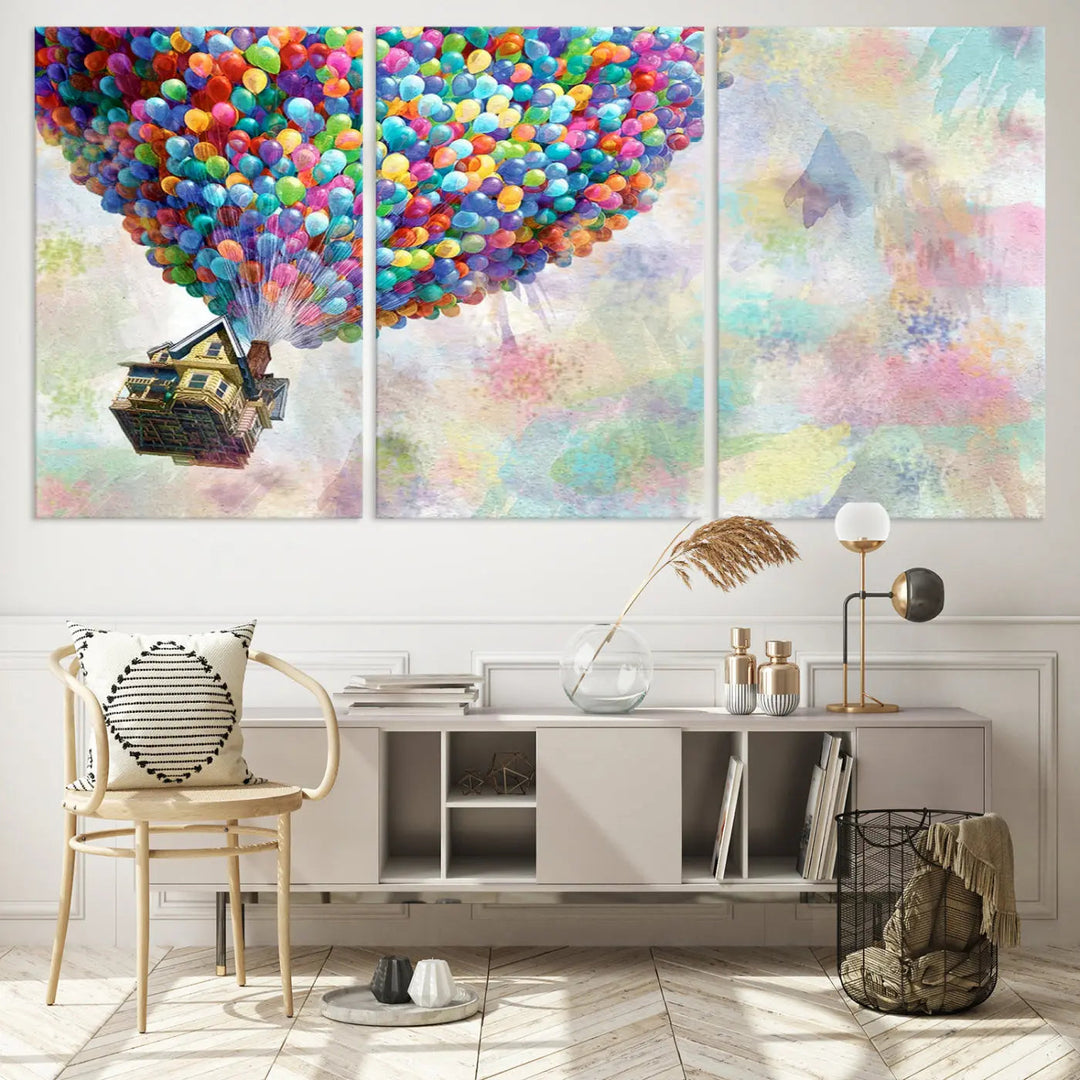 The wall art is an Up Pixar Poster featuring a house with balloons.