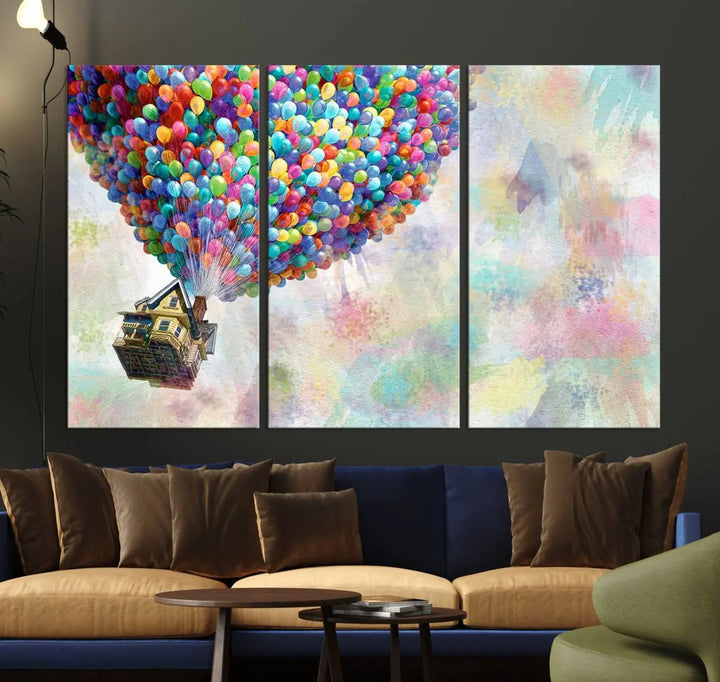 The wall art is an Up Pixar Poster featuring a house with balloons.