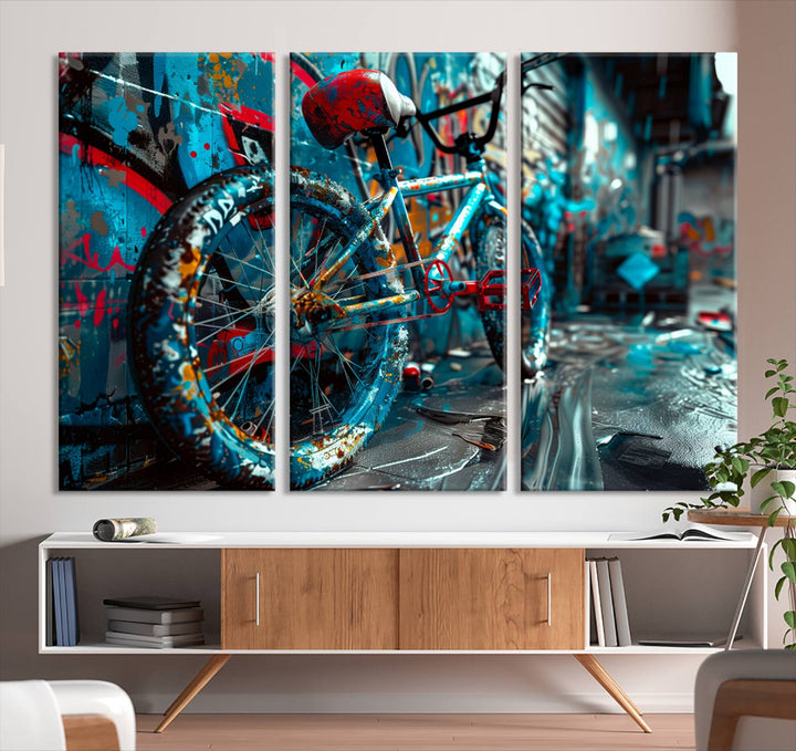 A vibrant piece of canvas wall art titled "Urban Graffiti Bicycle Canvas Wall Art" features vibrant street art decor depicting an urban graffiti bicycle in a bustling alley. This artwork is perfect for enhancing the ambiance of your living room, office, or studio.