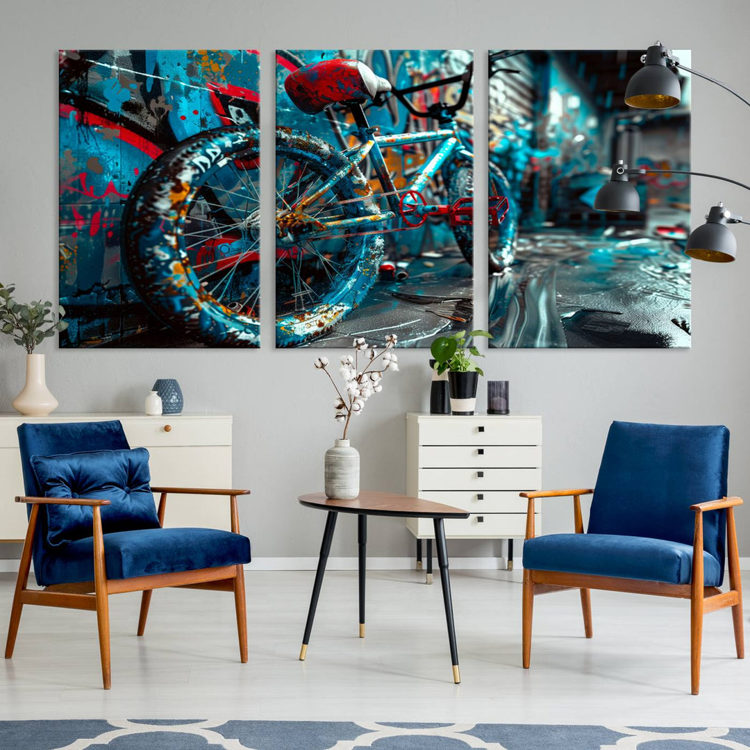 Urban graffiti bicycle canvas wall art, featuring a colorful street art-inspired design for modern living room or office decor.