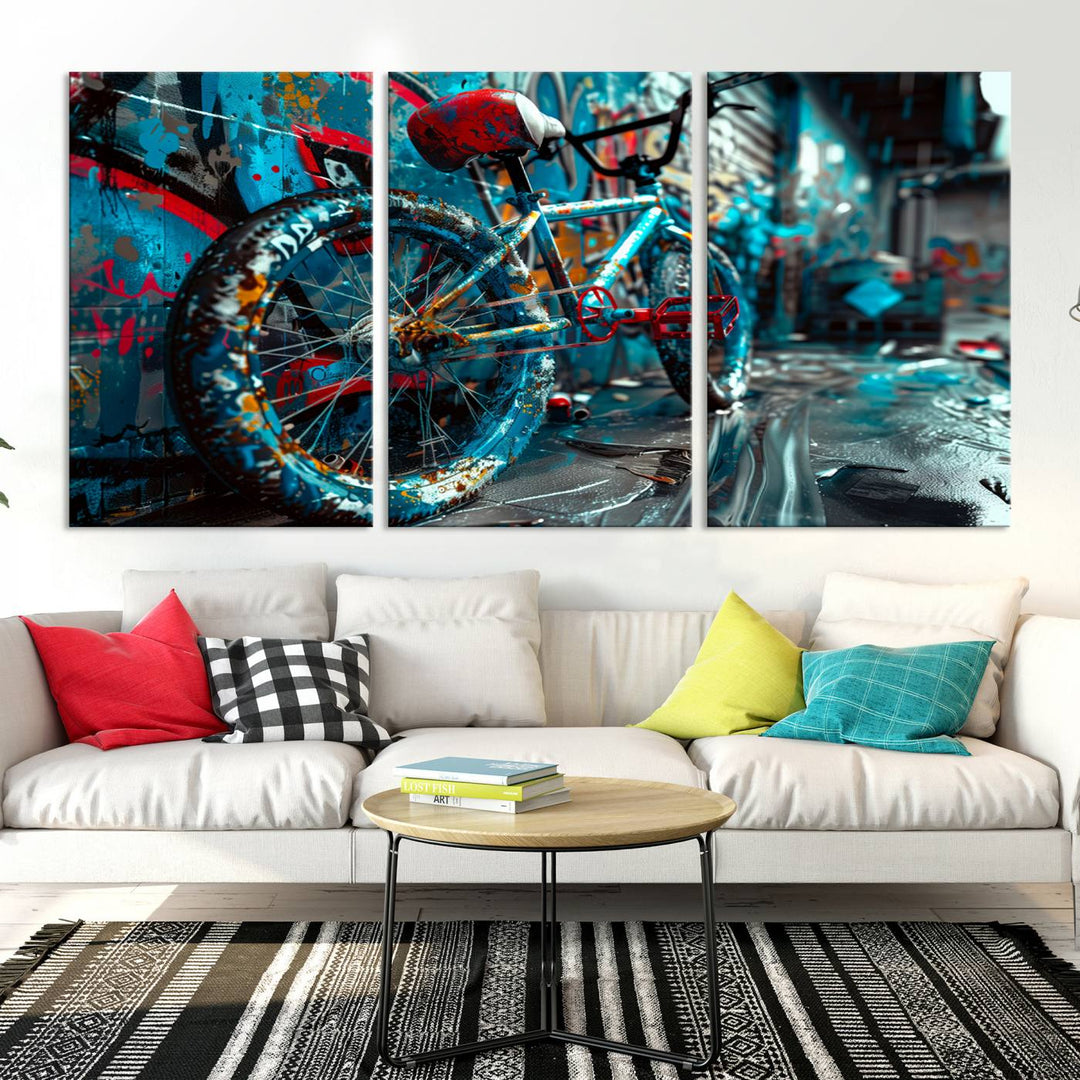 Urban graffiti bicycle canvas wall art, featuring a colorful street art-inspired design for modern living room or office decor.