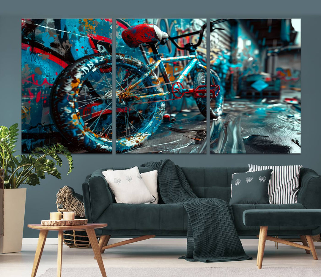 Urban graffiti bicycle canvas wall art, featuring a colorful street art-inspired design for modern living room or office decor.