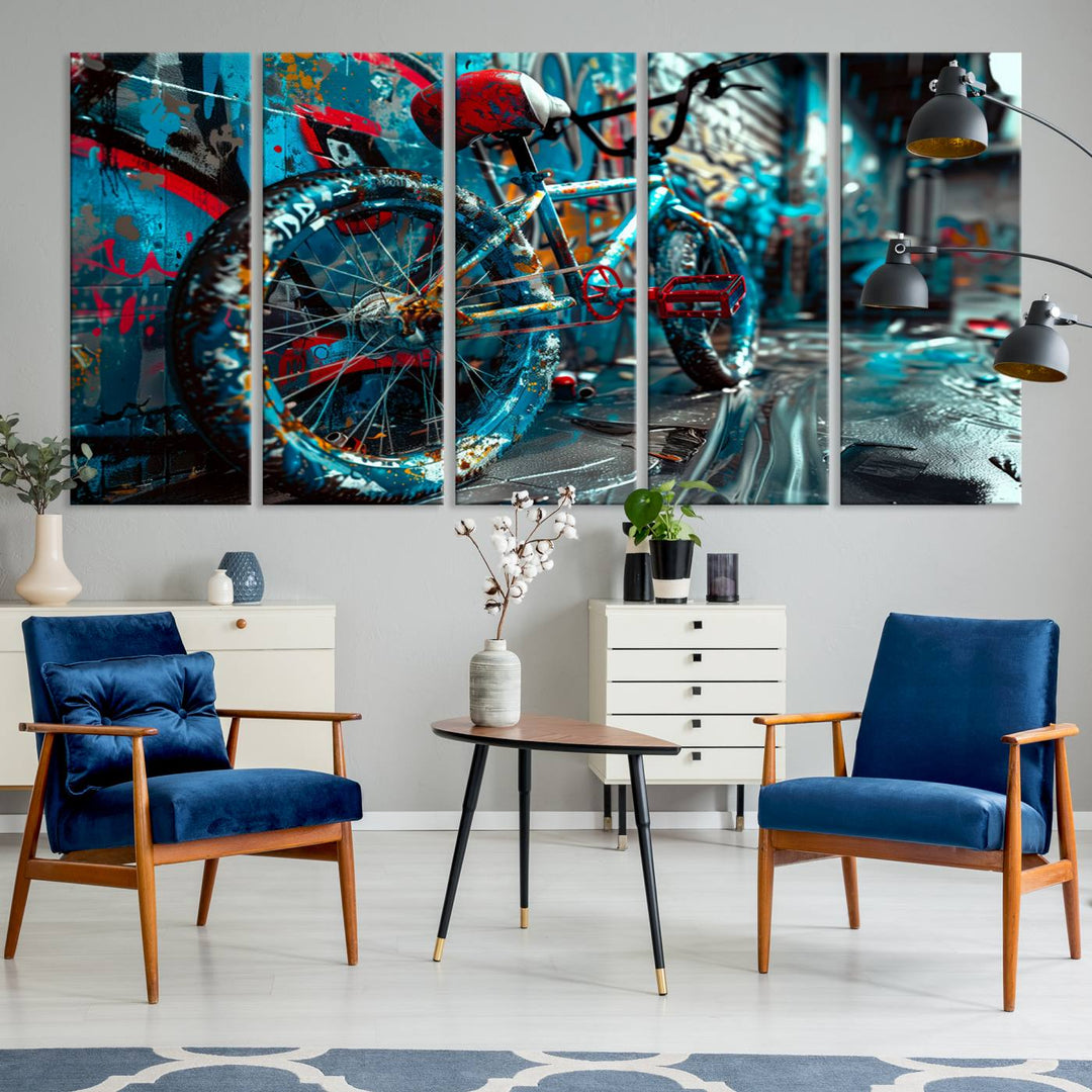 Urban graffiti bicycle canvas wall art, featuring a colorful street art-inspired design for modern living room or office decor.