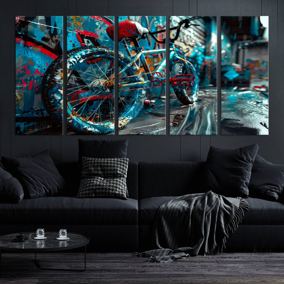 Urban graffiti bicycle canvas wall art, featuring a colorful street art-inspired design for modern living room or office decor.