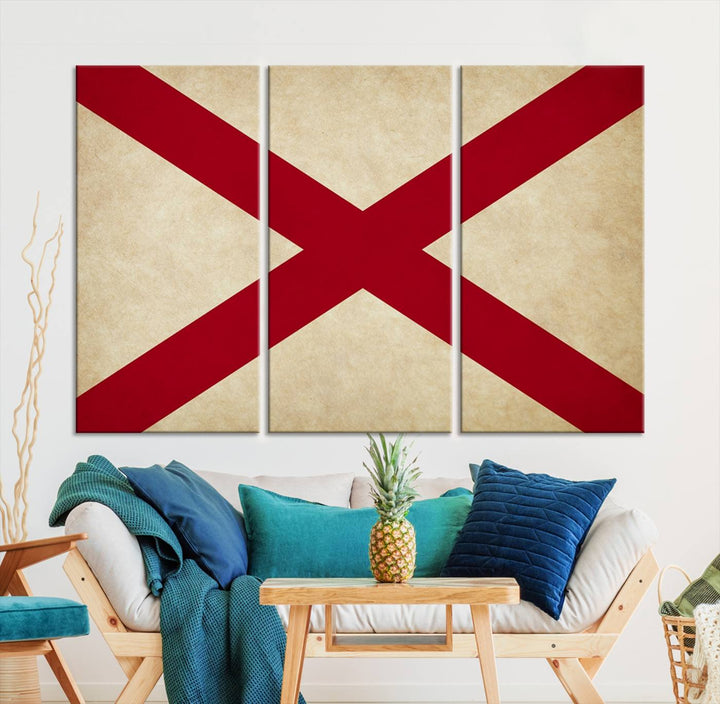 The USA Alabama States Flag Wall Art, featuring a red diagonal cross on a cream background, is elegantly displayed on museum-quality canvas with a UV-protective coating.